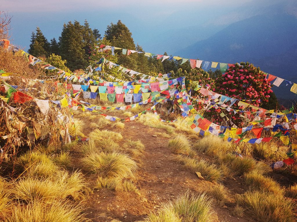 Poon Hill. Steagurile tibetane sunt inscripționate cu mantre și aduc noroc. Când vântul bate, țesătura se destramă și rugile se împrăștie în lume.